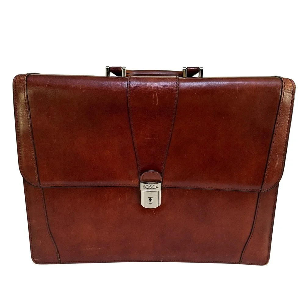 Bosca Old Leather Flap Over Briefcase Attache Doctors Lawyer Messenger Bag W/Key
